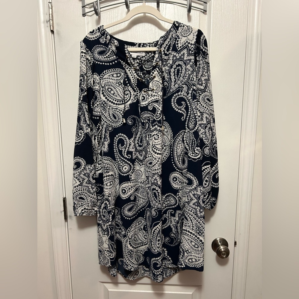 Emma & Michele Dress Women's L Long Sleeve A-Line Paisley Stretch Pockets boho